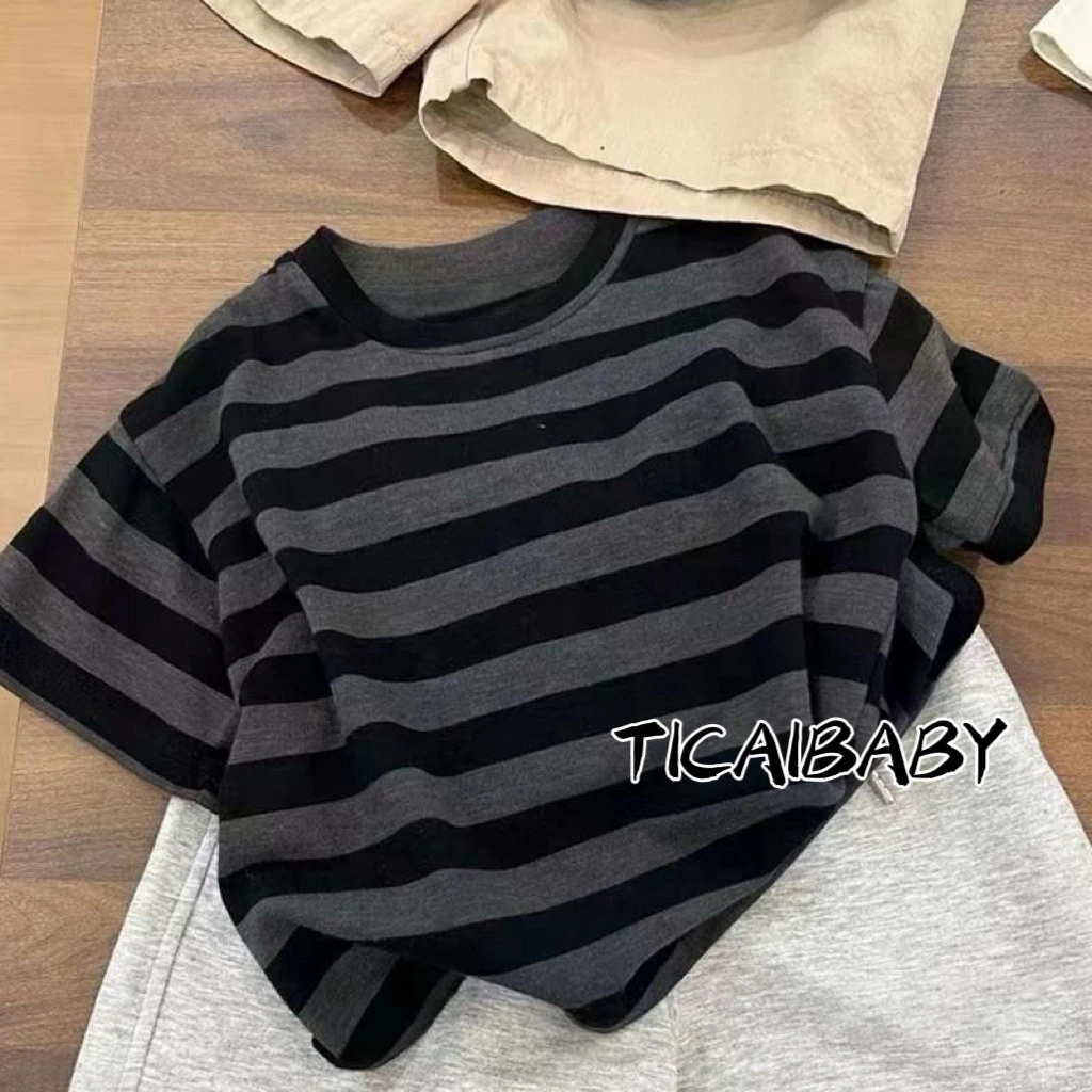 男童纯棉短袖T恤新款儿童夏季宝宝宽松韩版黑色条纹百搭上衣时尚