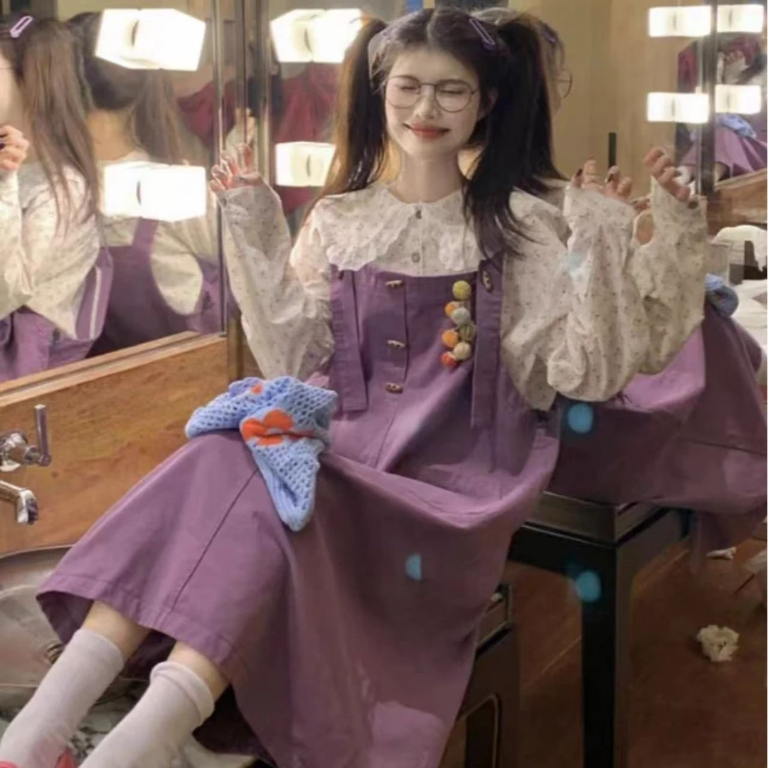 【甜美】 大码时尚百搭显瘦甜美减龄衬衫 +背带裙两件套