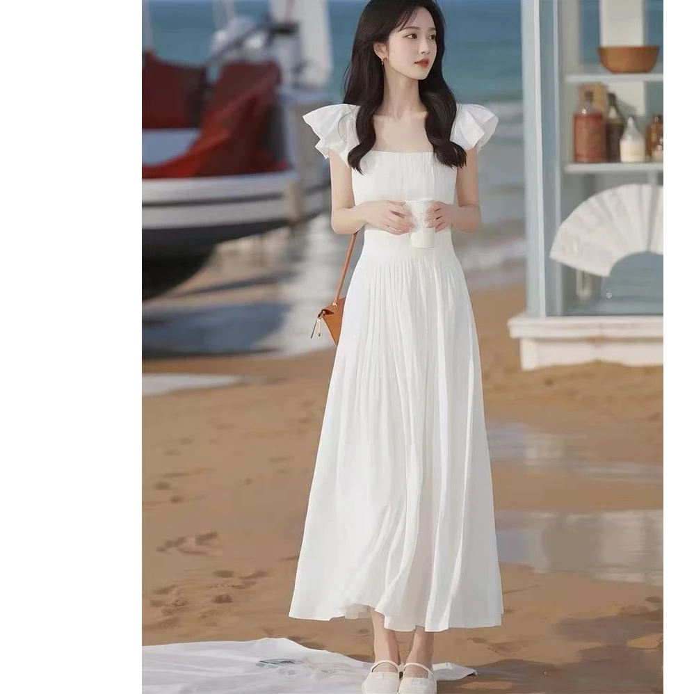 法式气质海边度假温柔风白色小飞袖连衣裙长裙2025夏季新款胖妹妹