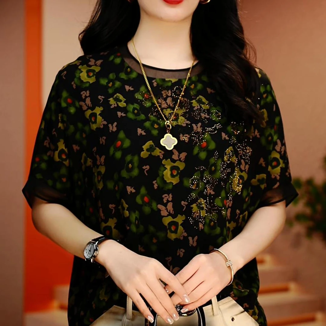 墨底绿韵-轻奢优雅高端时尚女显瘦显白百搭减龄印花圆领上衣