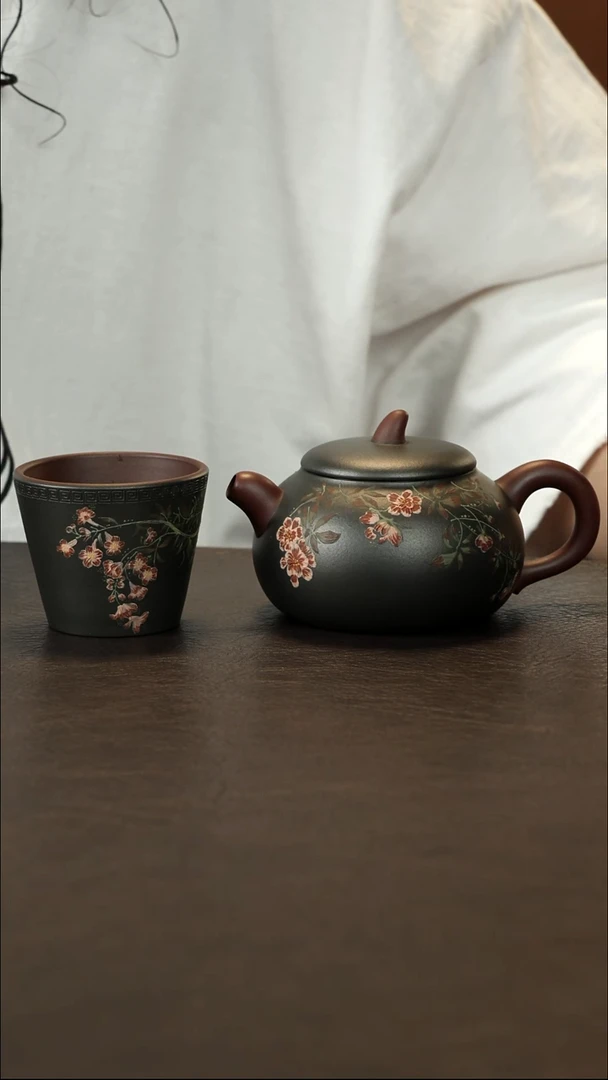 茶壶紫砂马方远 紫泥粉绿泥 茄段壶套组