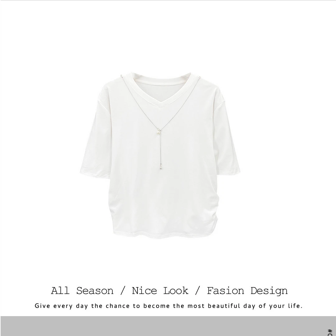 965 纯色气质短袖女2025新款微胖M遮肉显瘦休闲简约百搭T恤#77001