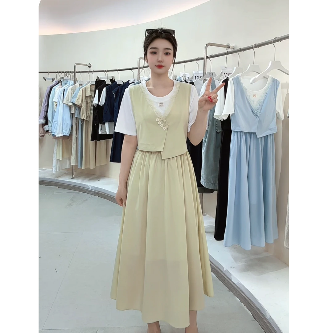 【假两件】AW5833夏季新款连衣裙假两件套显瘦蕾丝拼接裙子