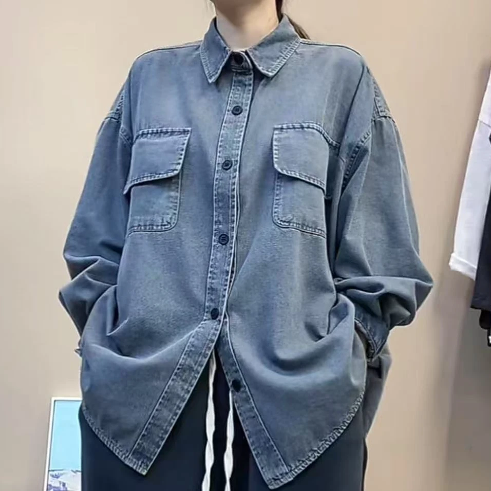 春款砂洗牛仔衬衫女宽松