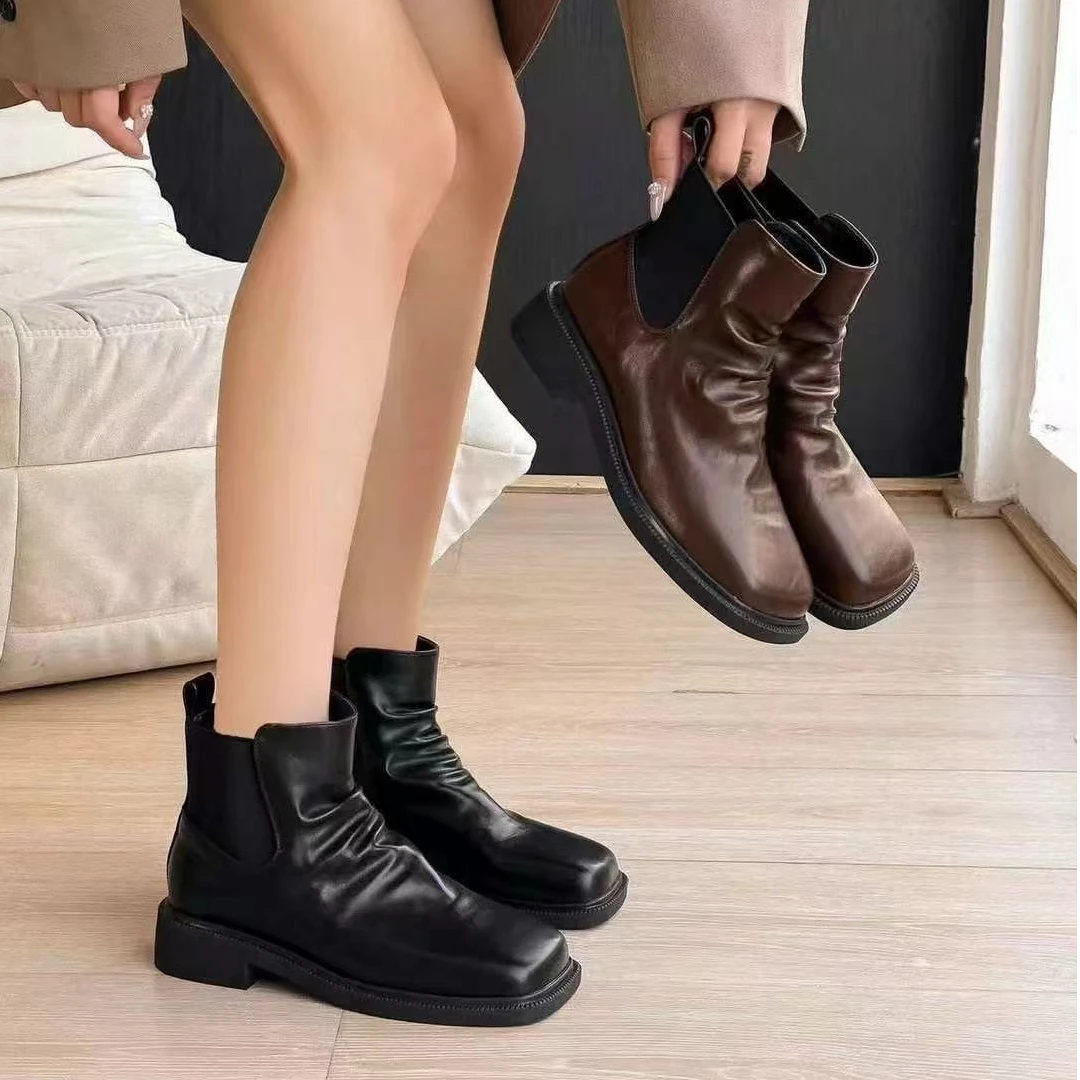 秋冬新款韩版通勤瘦瘦简约粗跟裸靴短靴166-7651(不加绒)