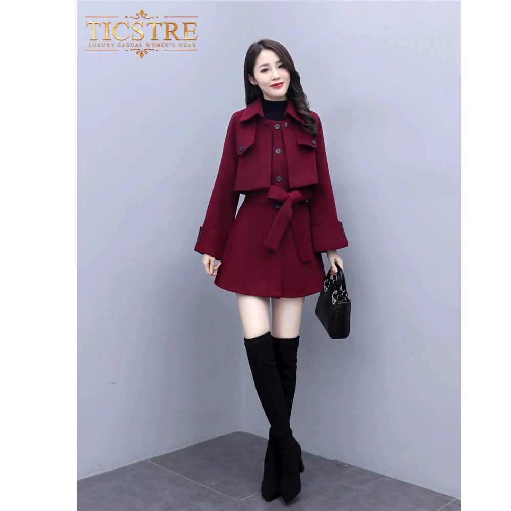 TICSTRE小个子毛呢套装裙女秋季新款洋气时髦减龄呢子连衣裙两件