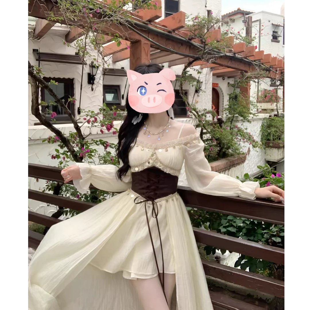 【糖糖】大码法式波西米亚流苏拼接收腰不规则摆露肩连衣裙10884