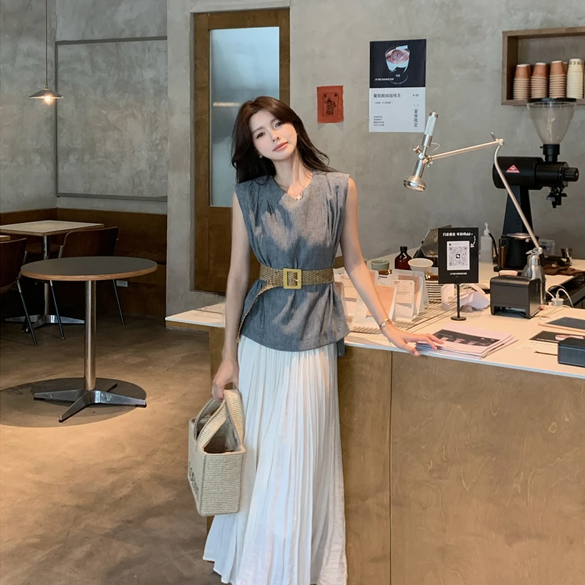 佐佐家小个子压褶无袖上衣+垂坠休闲法式长裙子两件套夏季女套装