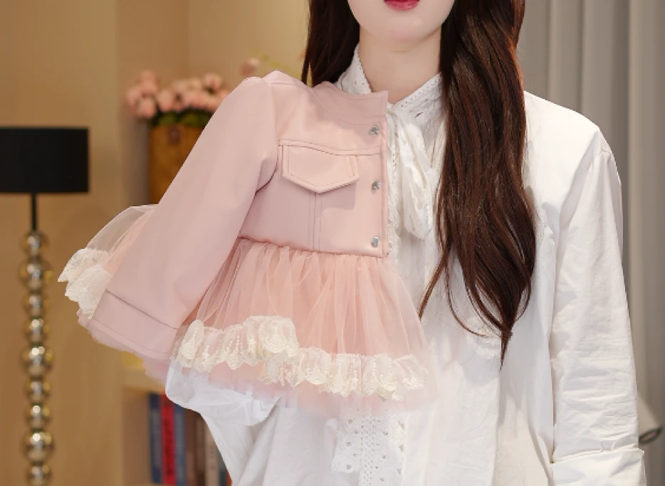 【1】春季新款蕾丝拼接纱纱皮衣外套