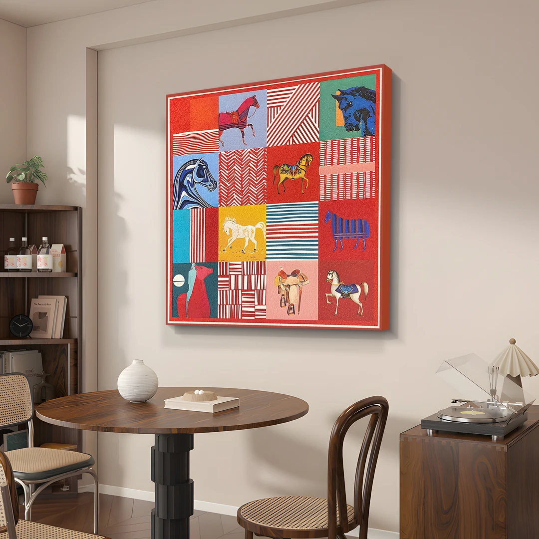 益师傅骏马客厅砂岩装饰画艺术轻奢卧室床头挂画红色玄关画马8080