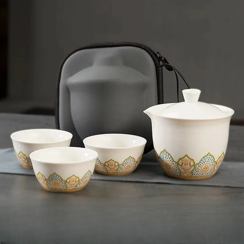 旅行茶具莲花宝相莲车载户外旅游简约陶瓷便携式防烫 A0021ay