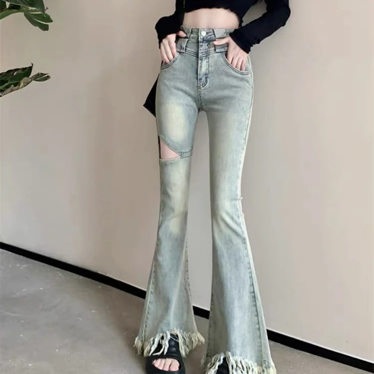 做旧流苏设计感高腰辣妹牛仔裤女2025夏季百搭破洞毛边微喇长裤