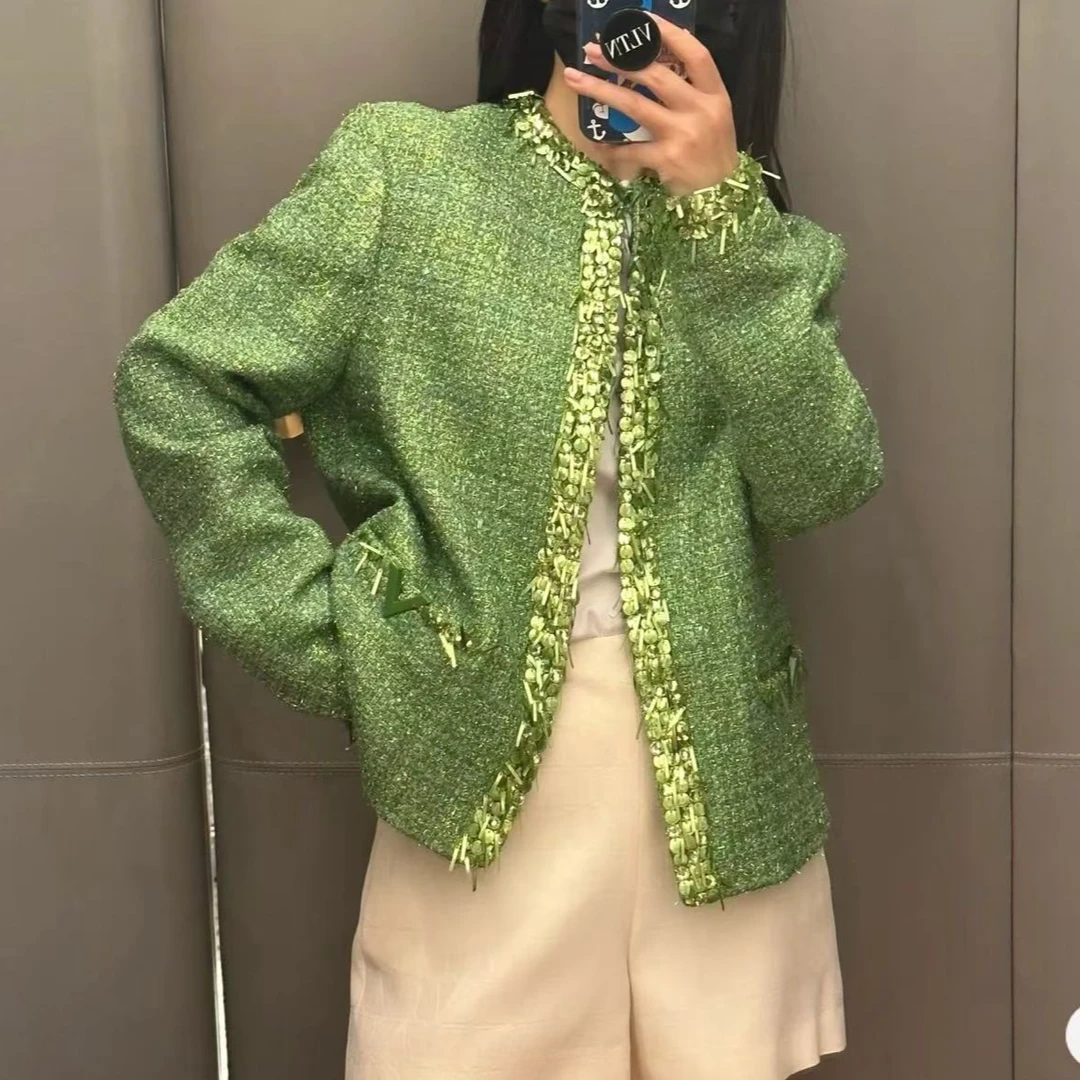 99新 Valentino/华伦天奴 草原绿亮片粗花呢外套/38码/编号8154