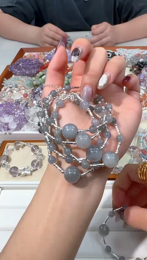 【闪购商品】和田玉手链银S925镶嵌F007烟紫直管手链