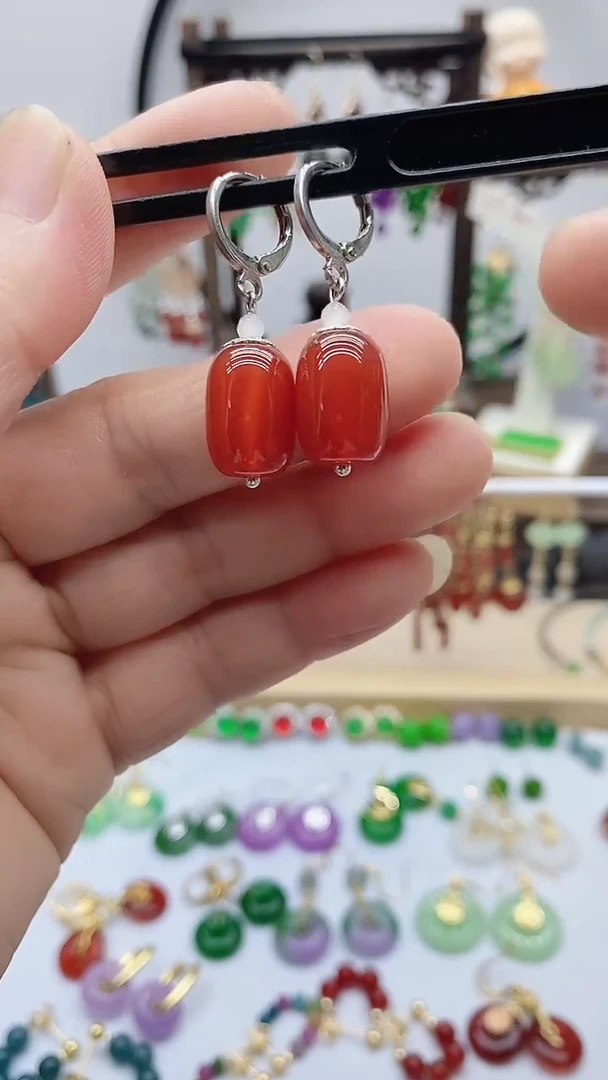 银S925镶嵌南红玛瑙耳饰176