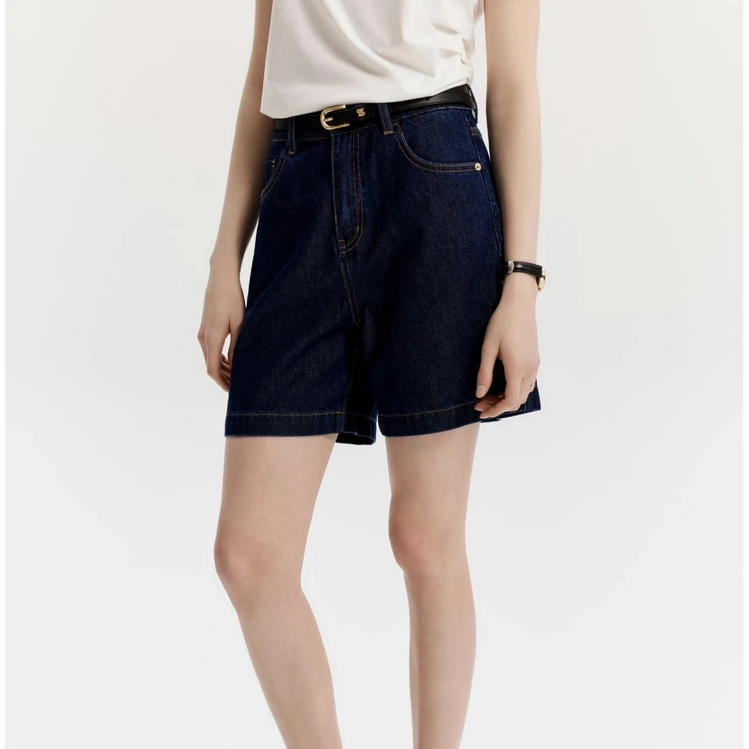 高腰牛仔短裤2025夏季新款深蓝色明线宽松显瘦阔腿裤23582