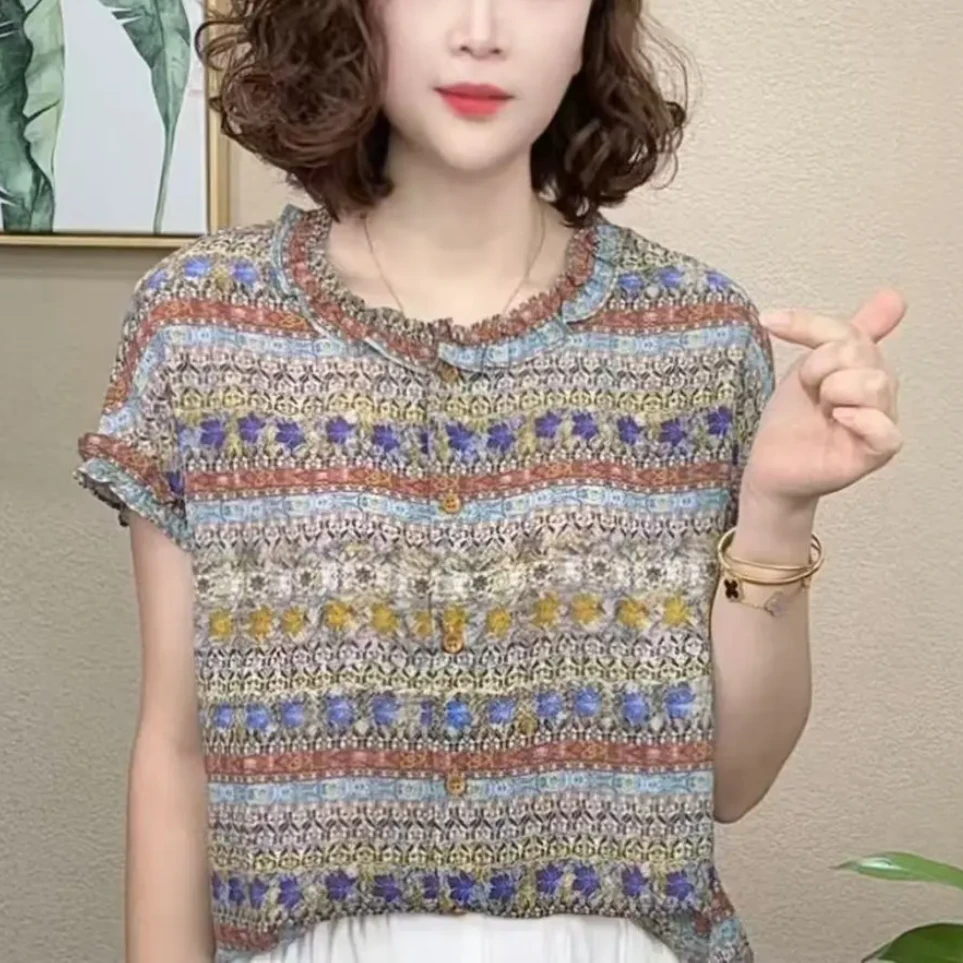 夏季新款时尚洋气碎花短袖法式衬衫设计感减龄洋气花边上衣女衬衣