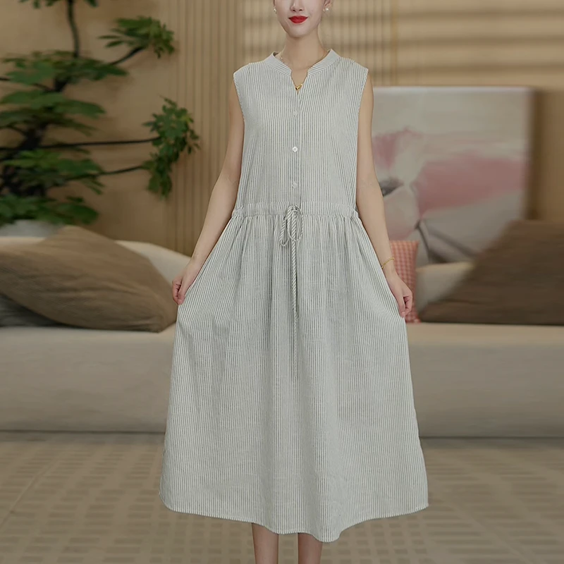 2025夏季新款时尚条纹棉麻无袖连衣裙中长款收腰显瘦裙子2731
