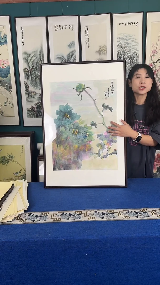 国画牡丹实木装裱63*93