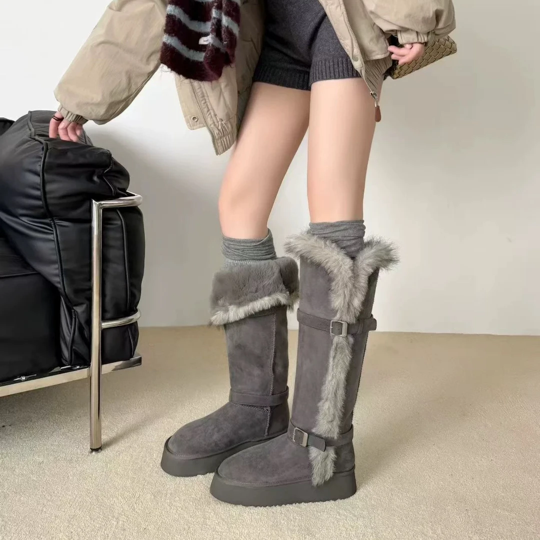 【七七严选】2025冬季新款不过膝厚底时尚皮带扣加绒保暖雪地靴女