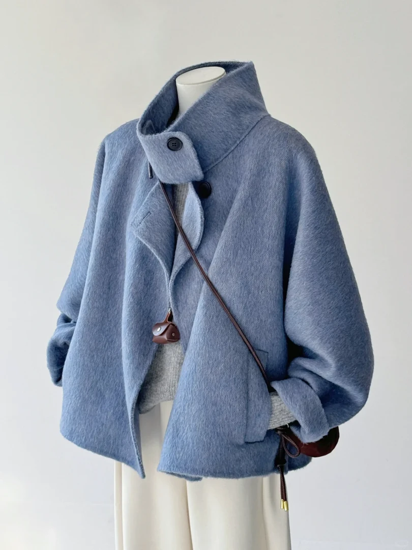 2025秋冬搭配一整套女韩系立领蓝色毛呢外套搭配休闲裤气质两件套