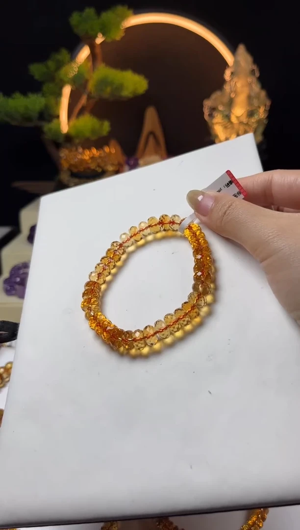 黄晶手链未镶嵌淡**草天然黄水晶金红算盘切面手串8mm