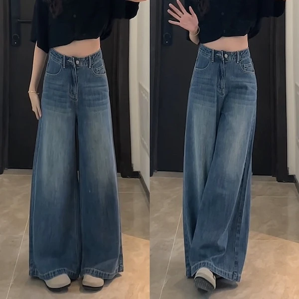 【酷酷是我】梨形秋季怀旧阔腿复古A字大阔腿牛仔裤软垂感显瘦裤子