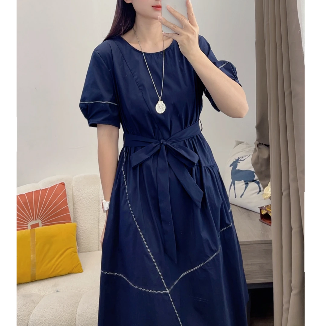 法式纯色配腰带连衣裙夏中长款2025新款气质短袖裙子DYY2905