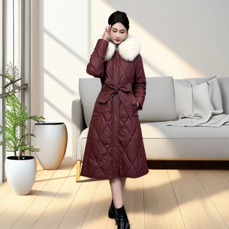 2024GG冬季新款海宁绵羊皮狐狸毛领中长款收腰鹅绒显瘦过膝羽绒服