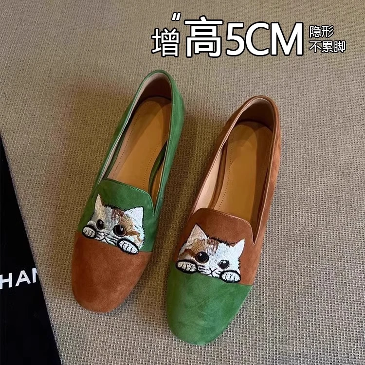 羊皮版~复古刺绣小猫头一脚蹬单鞋女2025新款厚底增高鸳鸯豆豆鞋