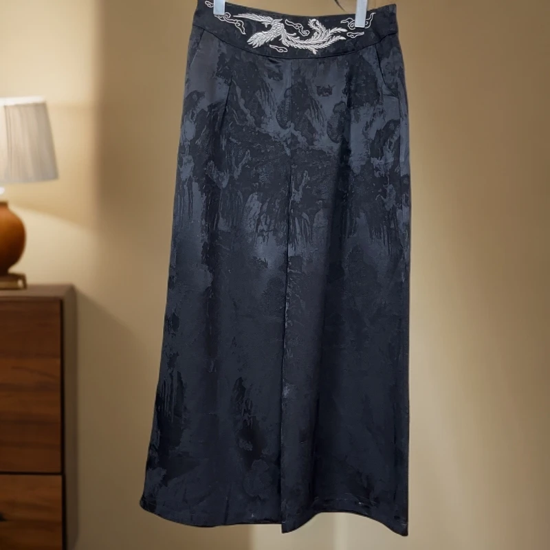 8243-凤舞-无弹植物花卉松紧腰阔腿裤休闲裤气质设计师新中式