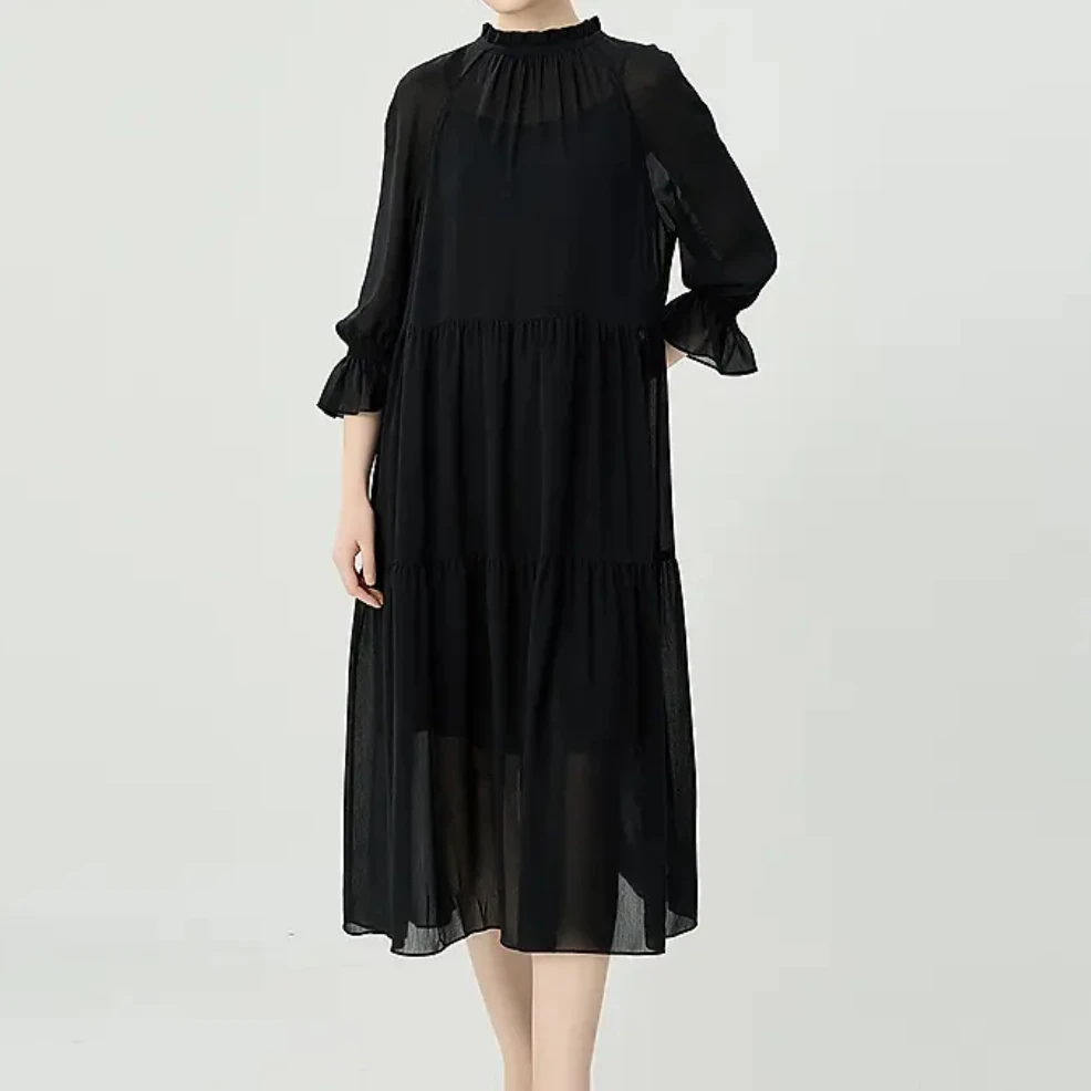 GIRDEAR/哥弟宽松木耳边立领中袖洋装简约两件套长款娃娃裙150008