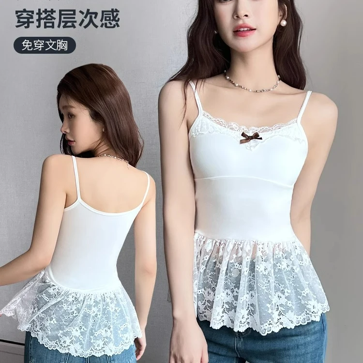 白色吊带小背心女带胸垫一体式裙摆内衣叠穿内搭蕾丝花边打底穿搭