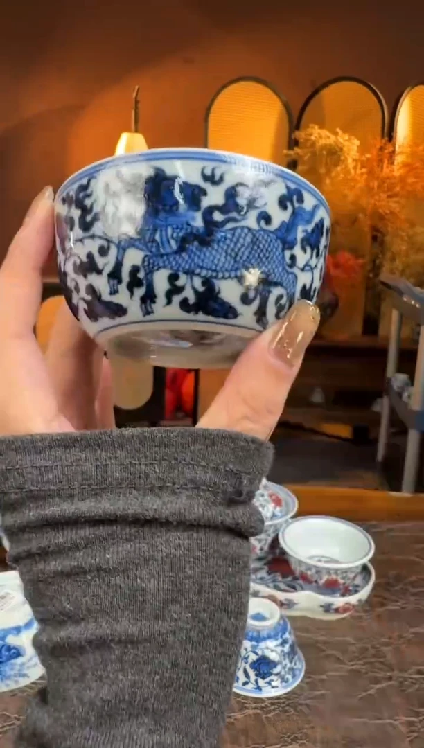 杯子陶瓷刘建锋窑仿元青花麒麟追凤圆融缸杯