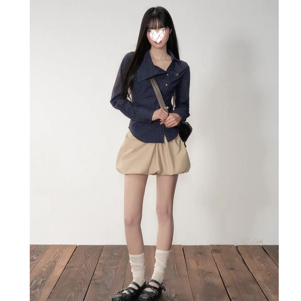 秋季新款藏青色斜翻领复古格纹掐腰显瘦修身长袖衬衫上衣女D652