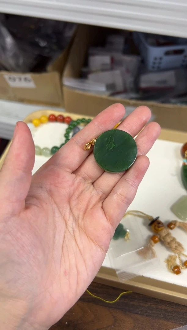 项链银S925镶嵌和田玉和田玉碧玉大圆牌银镶嵌吊坠[2377]