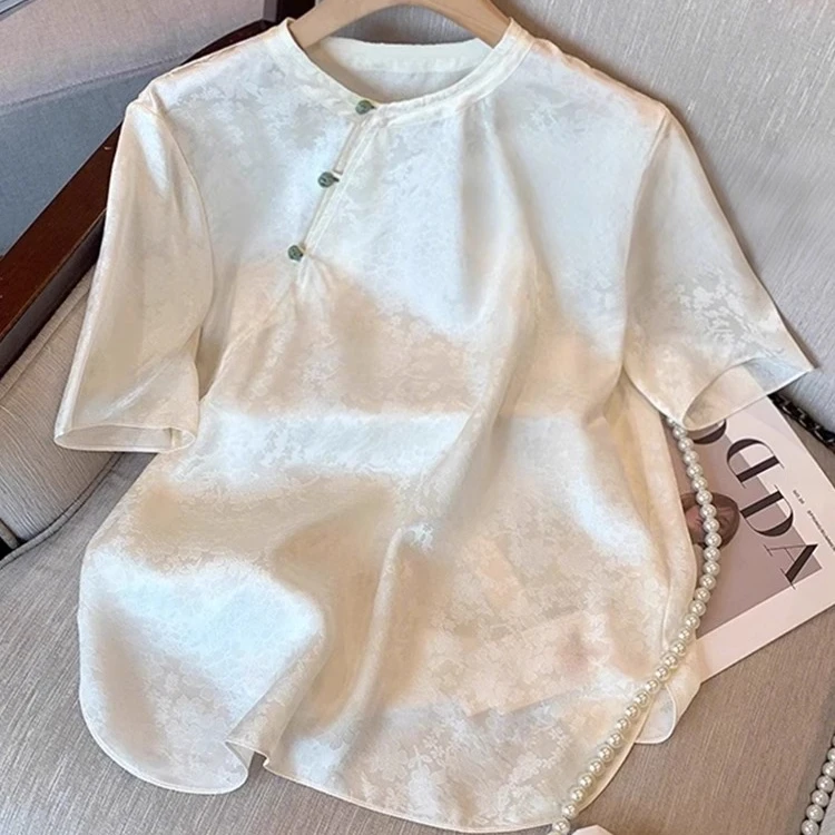 新中式国风盘扣圆领提花缎面衬衫女2025夏季新款气质白色短袖衬衣