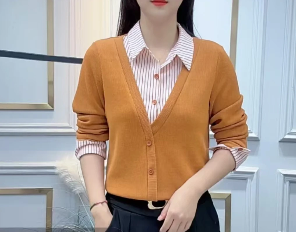 秋季长袖修身型POLO领条纹衬衫秋冬气质衬衣成人常规袖纽扣极简风