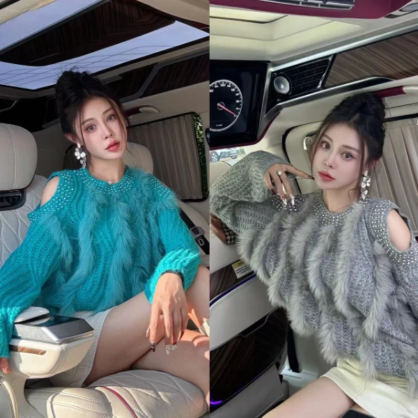 MY15依美丁时尚重工钉珠气质露肩拼狐毛毛衣