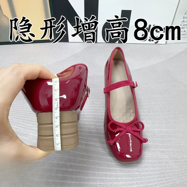 内增高8cm粗跟玛丽珍鞋女蝴蝶结气质配裙子晚晚鞋漆皮通勤高跟鞋