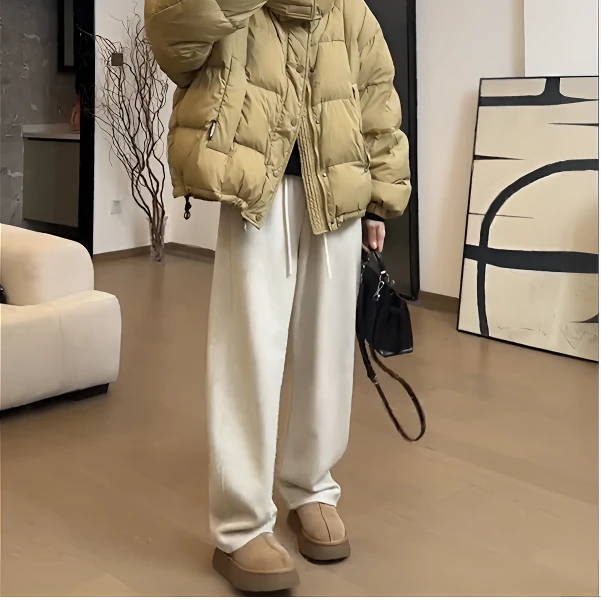 欧货米白色抽绳弯刀阔腿休闲裤女2025秋冬新款高腰显瘦直筒裤子