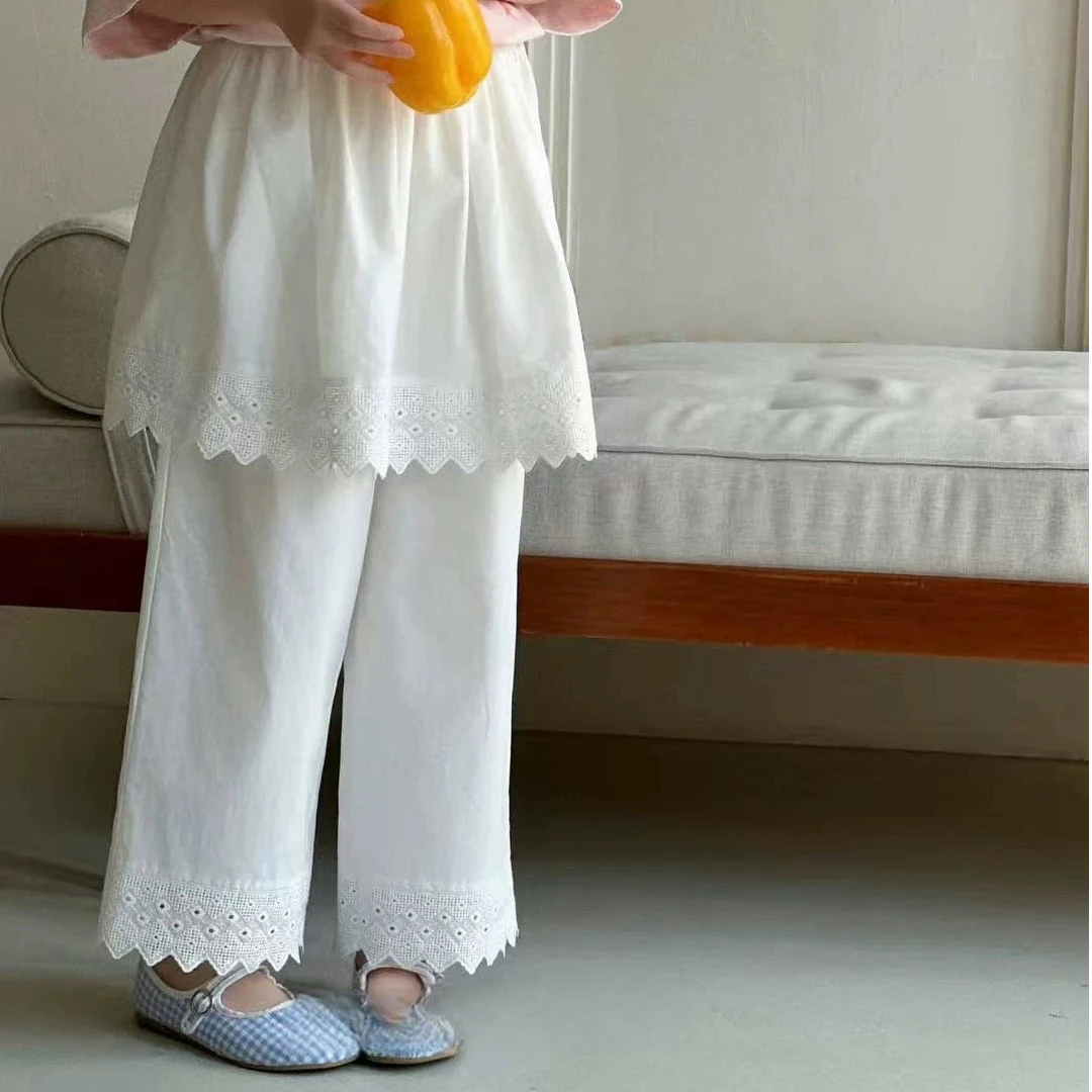 2025中大女童薄款宽松设计感两件套叠穿蕾丝花边裙裤子25025