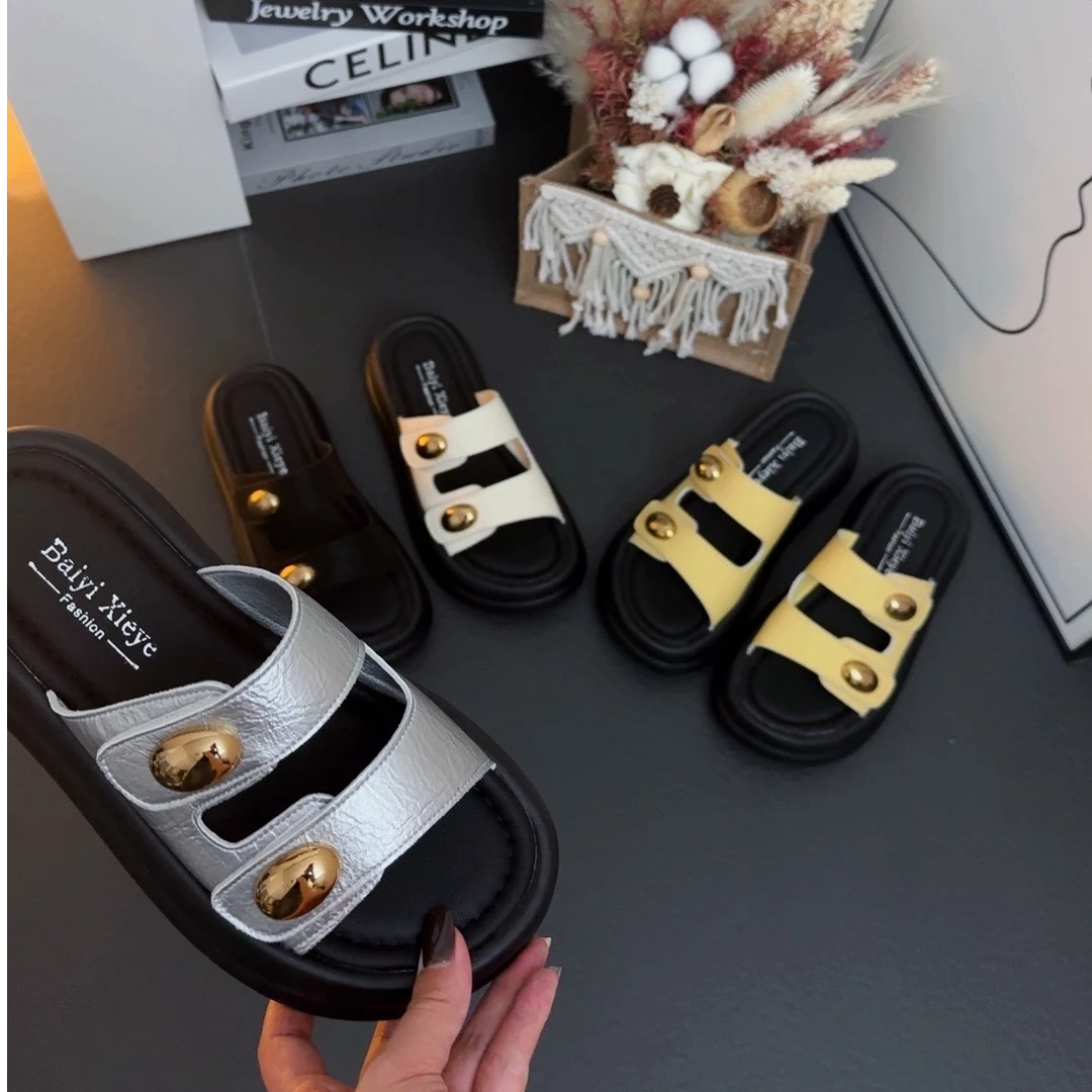 2025夏季新款魔术贴设计小金豆舒适百搭厚底防滑外穿女凉拖鞋