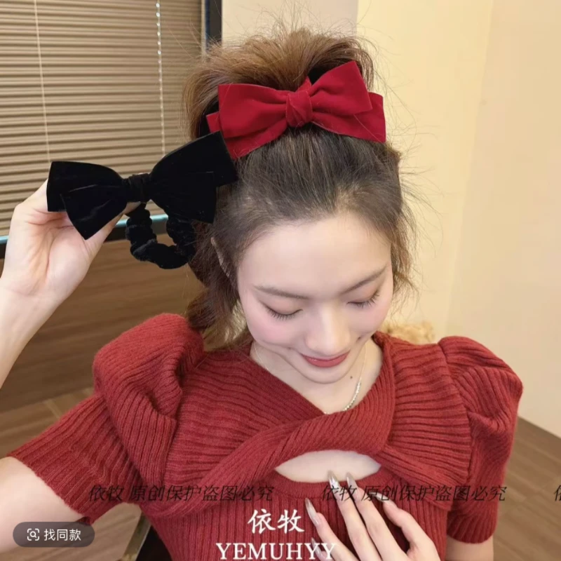 茵语新年圣诞高级感丝绒红色蝴蝶结小肠发圈喜庆扎丸子头新年发饰