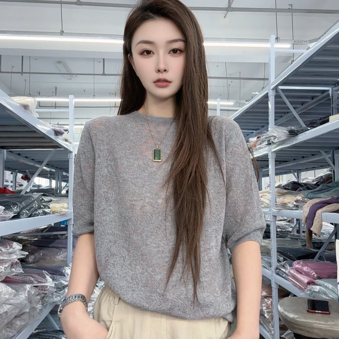 【晴晴专属】春夏季新款洋气圆领镂空提花百搭打底针织衫S874#