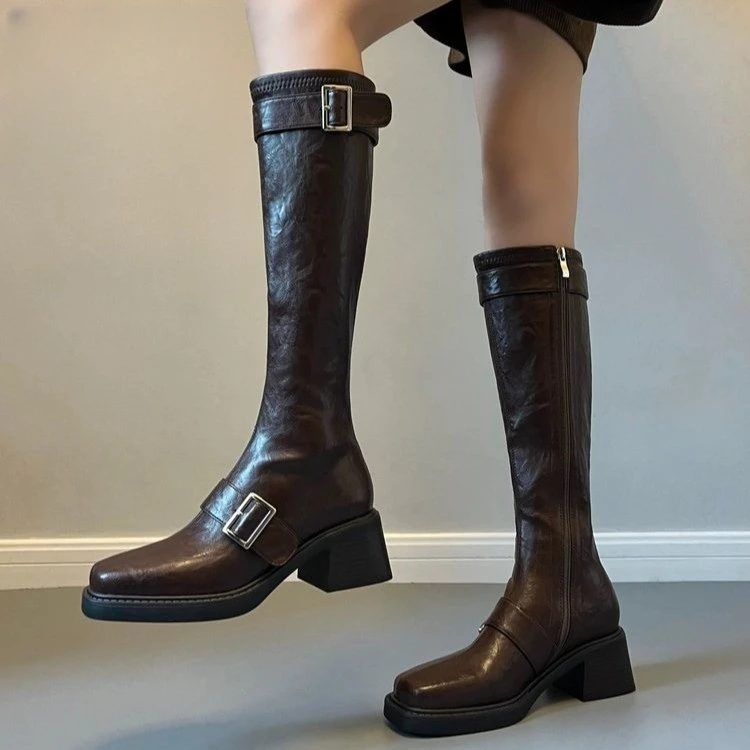 卓诗尼芙妮金属扣厚底不过膝长靴百搭粗跟长筒靴高筒瘦瘦靴骑士靴