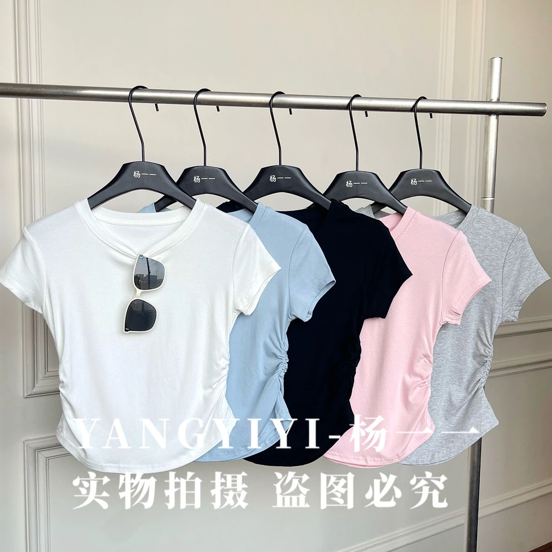 A053【杨一一推荐】正肩收腰辣妹t恤夏季2025新款圆领褶皱修身上衣