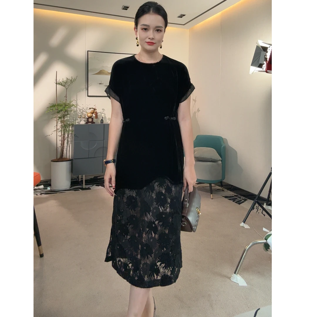 拼接长裙短袖套头气质真丝丝绒连衣裙