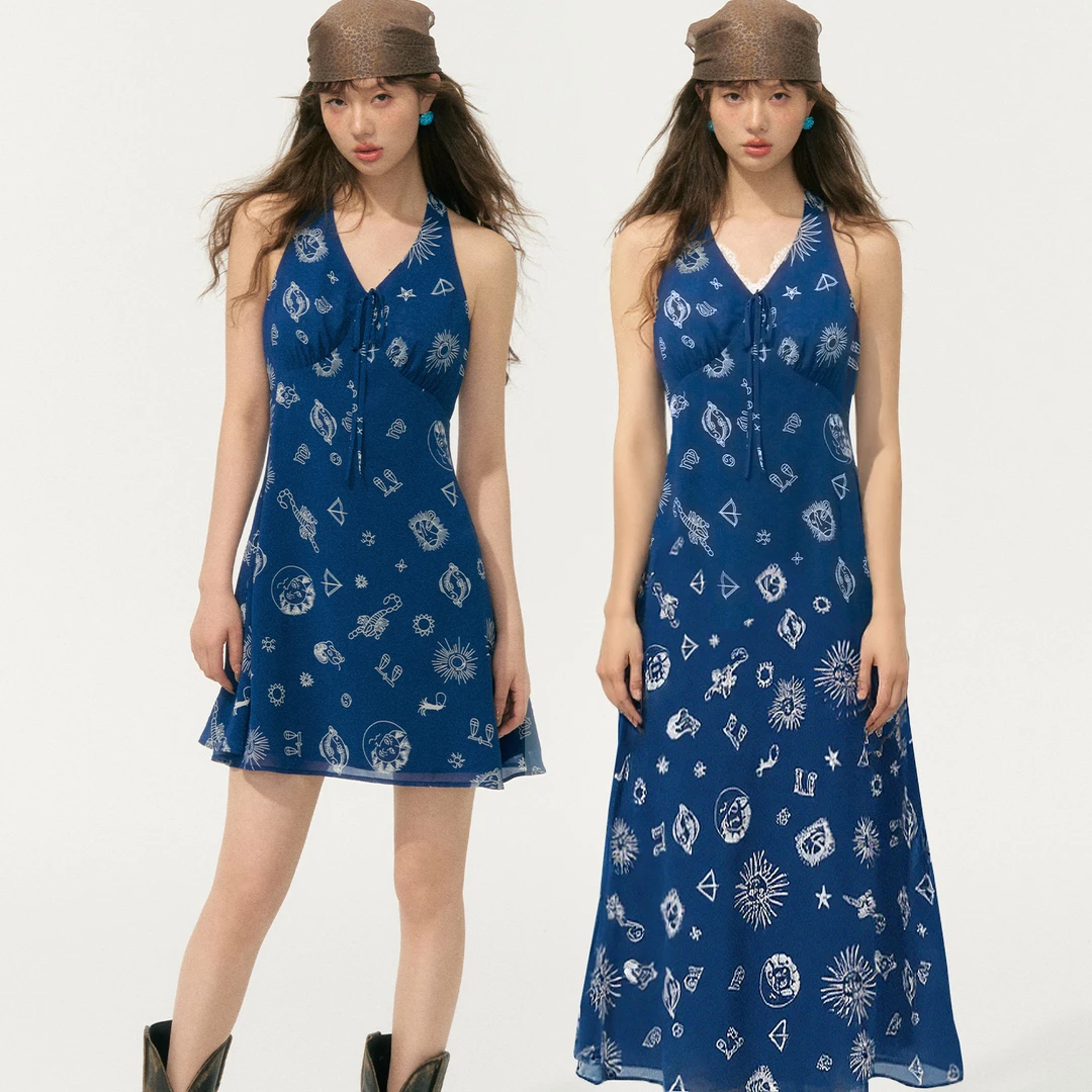 SOMESOWE复古印花蓝色度假风V领收腰背心连衣裙2025夏季