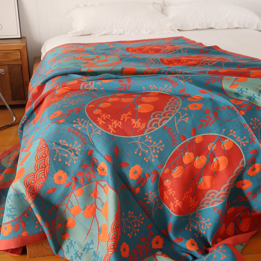 柿柿如意纱布床盖盖毯高档提花中国风精疏棉床盖多功能可铺可盖